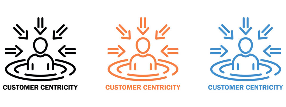 Customer centricity business concept icons showing people and focus arrows for client engagement.