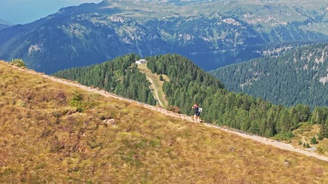Woman with a backpack hiking on a mountain path during a sunny day. Spectacular alpine panorama with doss del sabion in the background