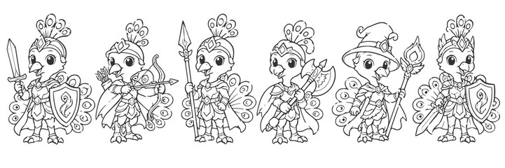 Fototapeta premium Coloring page of cute peacock characters dressed as fantasy RPG classes including knight, archer, lancer, warrior, mage, and paladin