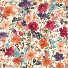 Naklejka premium Colorful floral pattern with vibrant orange, purple, pink, and blue flowers creating lively summer garden design