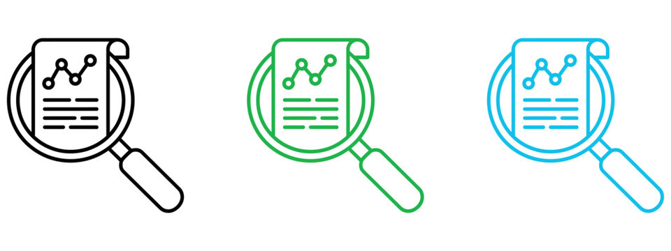 Magnifying glass over a document with a chart showing data analysis and business research icon.