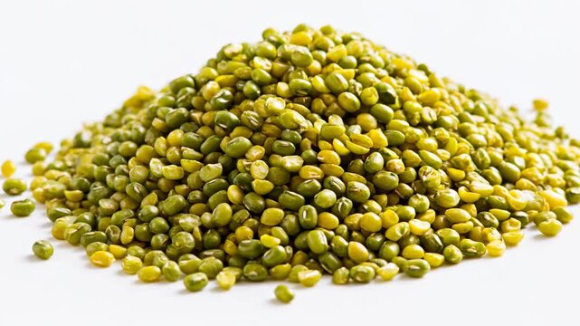 Green split mung bean pile close up with fresh natural texture green legume pulse food healthy nutrition isolated white background