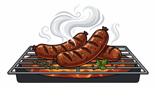 Grilled sausage, bratwurst, BBQ, smoke, tasty food, clean outline, modern vector, isolated white background.