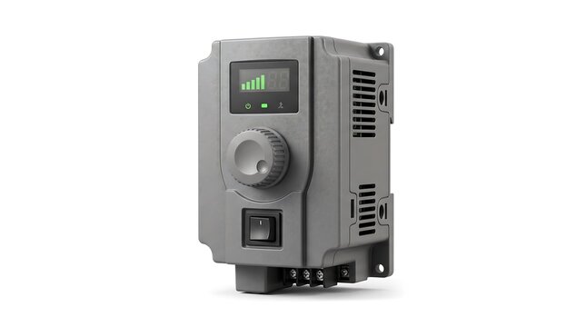 Industrial variable frequency drive gray electronic control unit with digital display and knob isolated on white background for automation and engineering