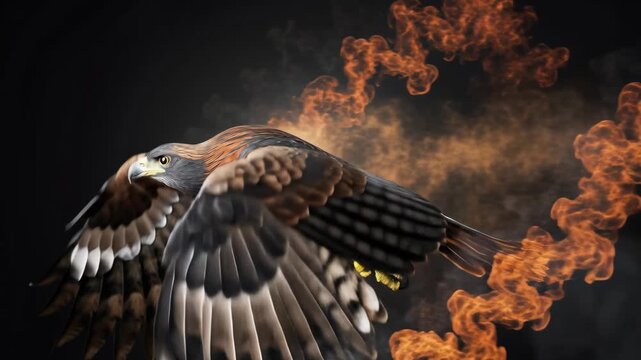 Hawk in flight with flames and smoke in the background