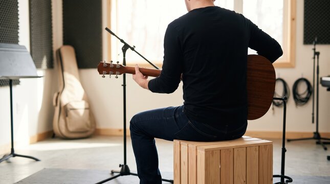 Musician playing acoustic guitar sitting on wooden box in professional recording studio with soundproof foam panels microphone stand and music equipment for songwriting practice