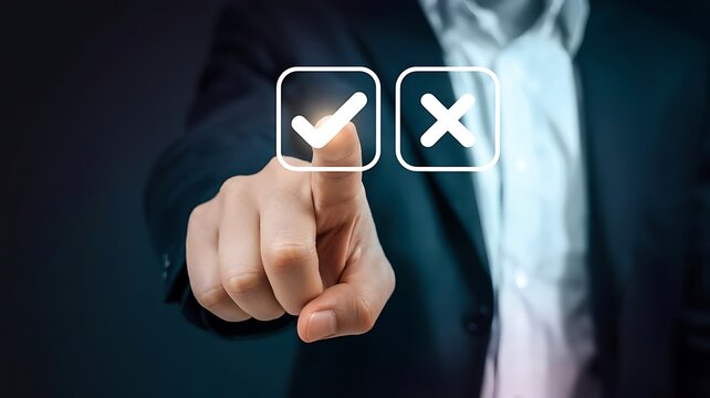 Professional's hand making a critical choice on a digital screen, selecting between a checkmark for approval and a cross for rejection, signifying important decisions and options