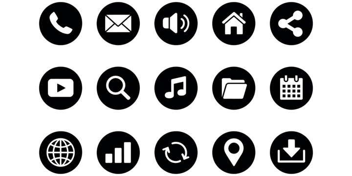 Collection of black circular web and social media icons for modern website interface navigation.