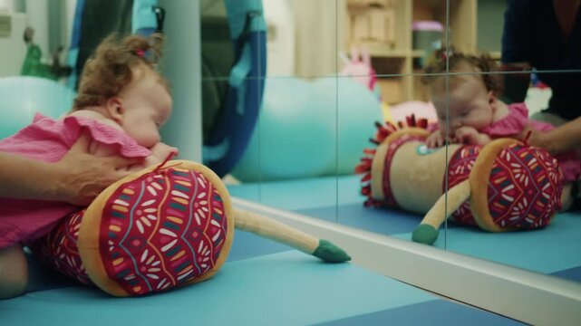 Baby performing rehabilitation exercises with a therapist, strengthening motor skills during developmental therapy in a bright room