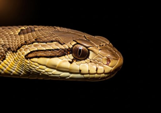 Closeup portrait of a snake head with detailed scales and piercing eye on a black background