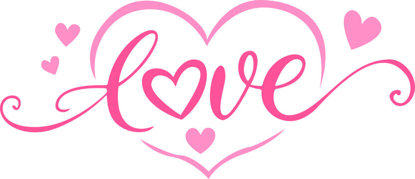 Pink Love Hand Lettering with Hearts, Romantic Valentine Vector Illustration