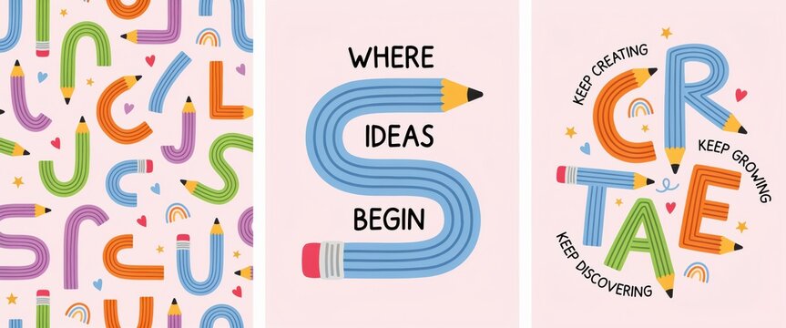 Set of creative pencil posters and seamless pattern