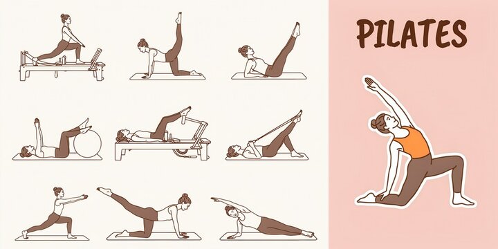 Set of various pilates exercises on a light background