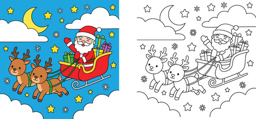 Fototapeta premium Cute Santa Claus in sleigh flying with reindeers in night sky, Christmas color vector illustration and line art coloring page outline for kids
