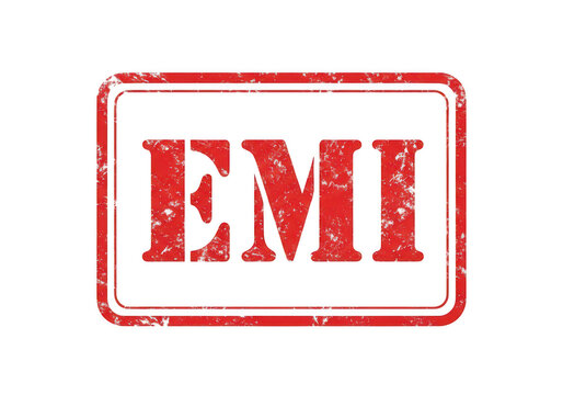 Red rubber stamp with emi text inside rectangular frame isolated on transparent background