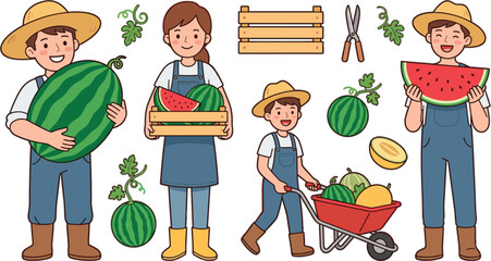 Cute cartoon farm family harvesting watermelons sticker set with wheelbarrow and gardening tools vector illustration