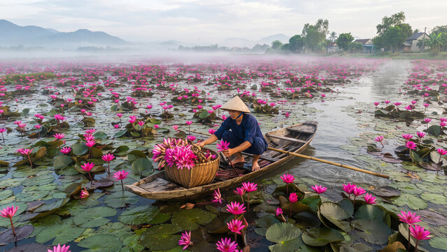 Farmer harvesting pink water lilies in a wooden boat on a misty pond at sunrise