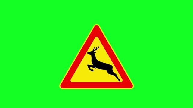 Animated Leaping Deer Warning Sign On Green Screen For Road Safety Alert