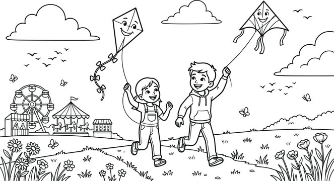 Happy children coloring page vector of boy and girl running with kites near amusement park fair landscape background