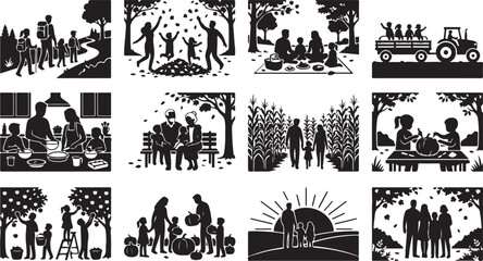 Fototapeta premium Autumn outdoor family activity silhouette set featuring hiking, pumpkin picking, harvest, and nature scenes on white background