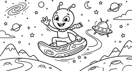 Cute alien snowboarding in outer space coloring page vector illustration with planets stars mountains and flying ufo spaceship © Sojol