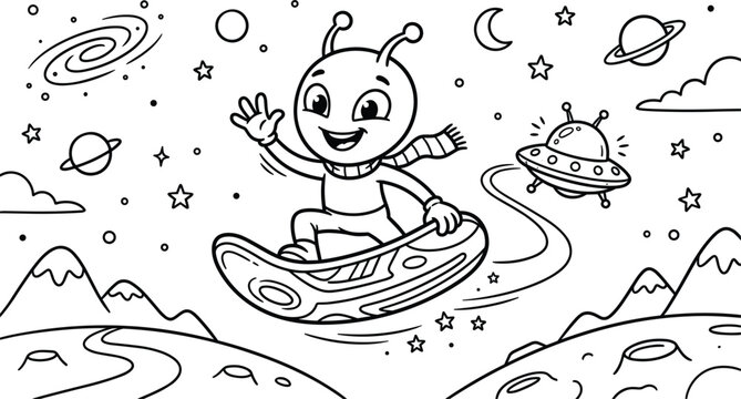 Cute alien snowboarding in outer space coloring page vector illustration with planets stars mountains and flying ufo spaceship