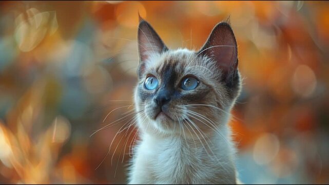 Cat looking up at autumn leaves in a garden during the afternoon