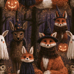 Naklejka premium Halloween foxes in witch hats and scarves with ghosts and pumpkins in cozy autumn haunted woodland scene full of warm colors