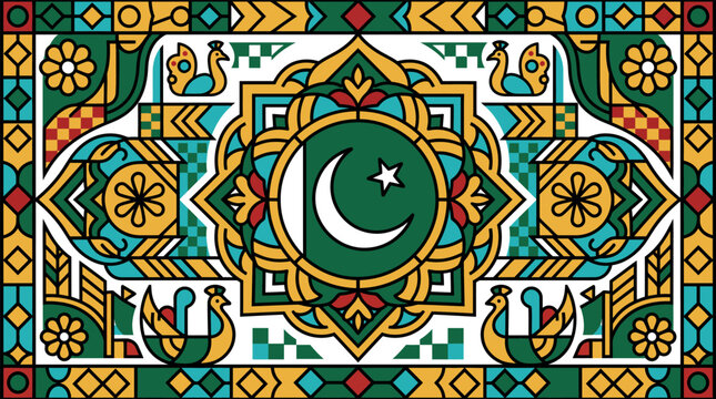 Traditional pakistani art pattern with flag and peacocks