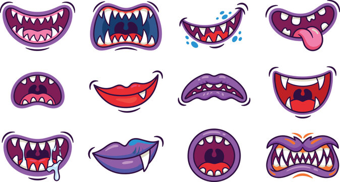 Set of cartoon monster mouths with sharp teeth and vampire fangs vector illustration