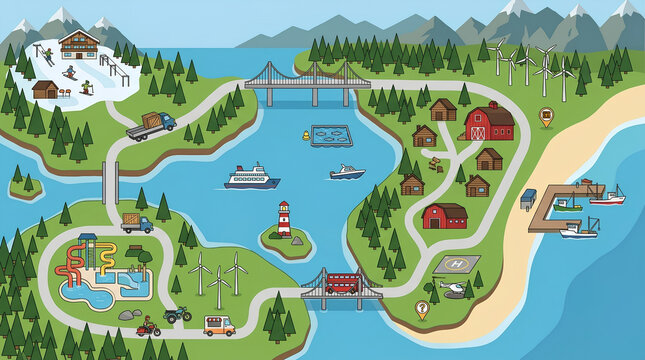 Detailed Flat Vector Map Illustrating Diverse Landscapes and City Infrastructure