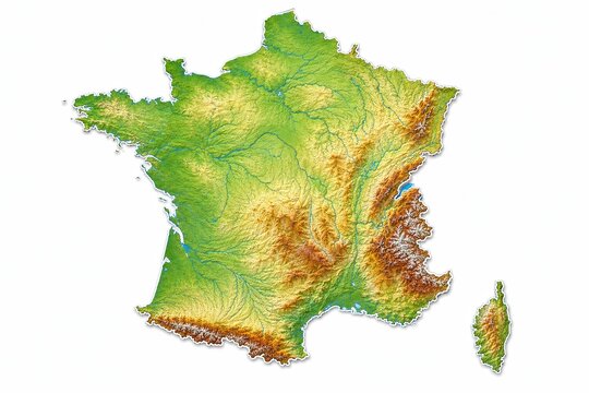 Detailed topographic map of France with elevation relief and terrain colors