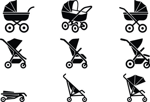 Baby stroller and pram icon collection set featuring folded compact buggy pushchair and bassinet infant transport shapes