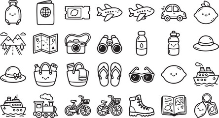 Obraz premium Travel and transportation set, black and white line doodles featuring luggage, passport, airplane, car, map, and vacation gear