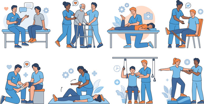Physical therapy and rehabilitation clinic scenes with physiotherapists helping diverse patients recover vector illustration