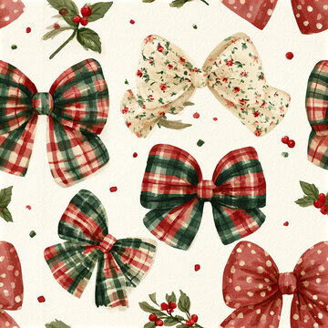 Cozy holiday pattern with vintage fabric bows in plaid, floral, and polka dot designs with holly leaves and berries scattered