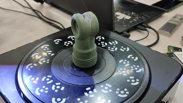 3D Scanning of object. Three-dimensional scanner with blue laser volumetric scanning surface of object for prototyping. Science accuracy. High precision new innovation modern technology equipment.