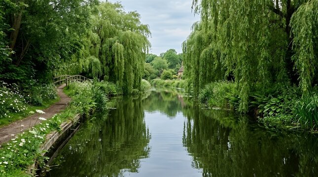 Serene river canal landscape with lush green weeping willow trees and a small wooden bridge over a walking path.