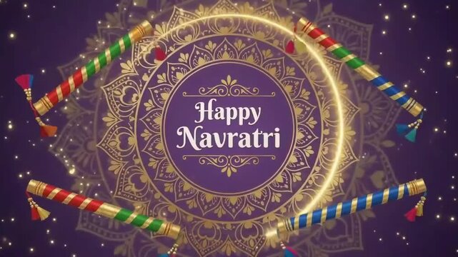 Happy Navratri festival greeting with colorful Dandiya sticks, ornate mandala design and sparkling lights