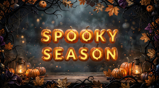Spooky season glowing pumpkin letters with autumn leaves and lanterns for halloween celebration.