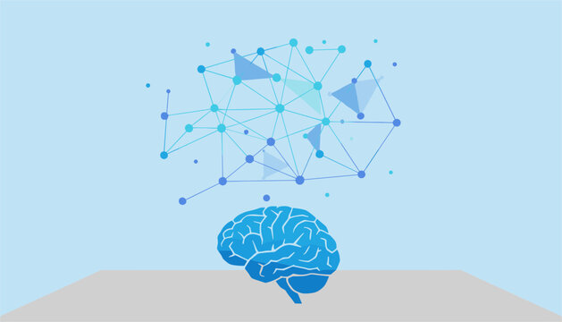 Abstract depiction of a human brain with a floating digital data network and geometric connections against a soft light blue background for science.