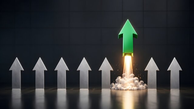 Green arrow launching like rocket with smoke among silver metallic arrows. Concept of business acceleration, market leadership, and startup growth.