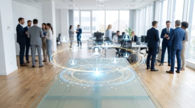 Business team in office with futuristic digital interface showing global team network connection and people icons holograms on glass table for corporate communication and technology