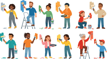 Fototapeta premium People painting walls with brushes and rollers, home renovation flat vector illustration set