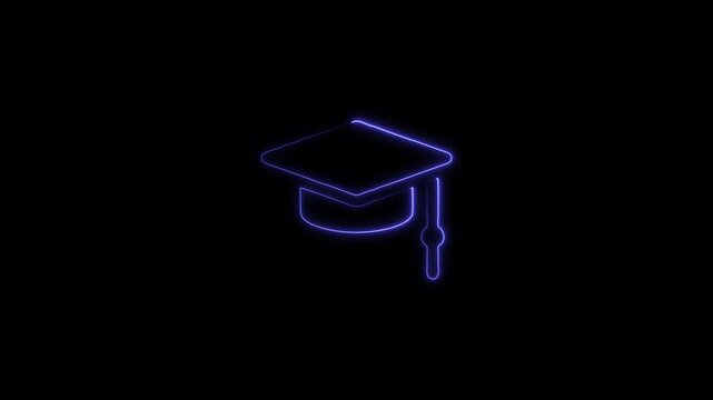 Bule color Neon line Graduation cap animation on black screen background. University or college graduation hat with tassel. Education animated icon. 4k video