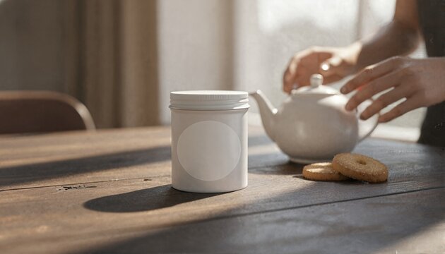 Premium white labeled cookie tin on a sunlit farmhouse table with afternoon tea