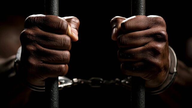 Handcuffed hands gripping metal prison bars in dark confinement, showing grip and restraint under dim dramatic lighting conditions