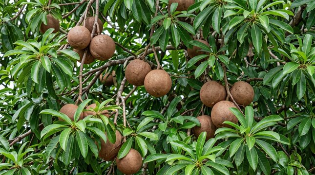 Close-up view of a sapodilla tree laden with many round, brown, textured fruits hanging from thin branches amidst dense, vibrant green, oval-shaped leaves in an orchard setting