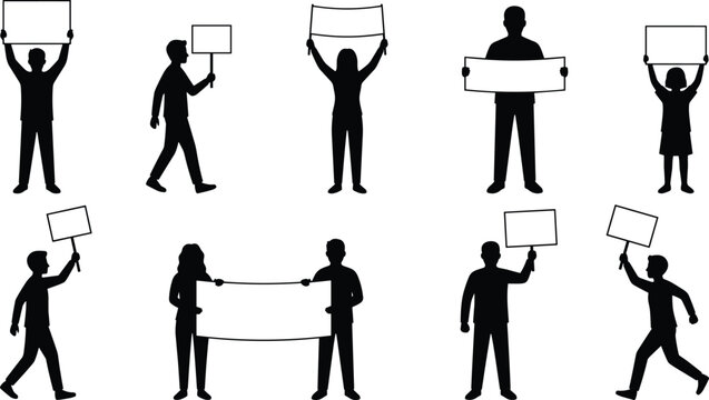Protesters and activists holding blank protest signs banners and placards during public demonstration rally vector illustration