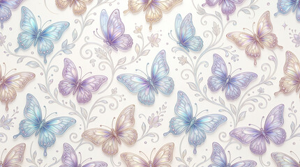 Fototapeta premium Seamless pattern with iridescent butterflies and swirling floral vines on a soft white background